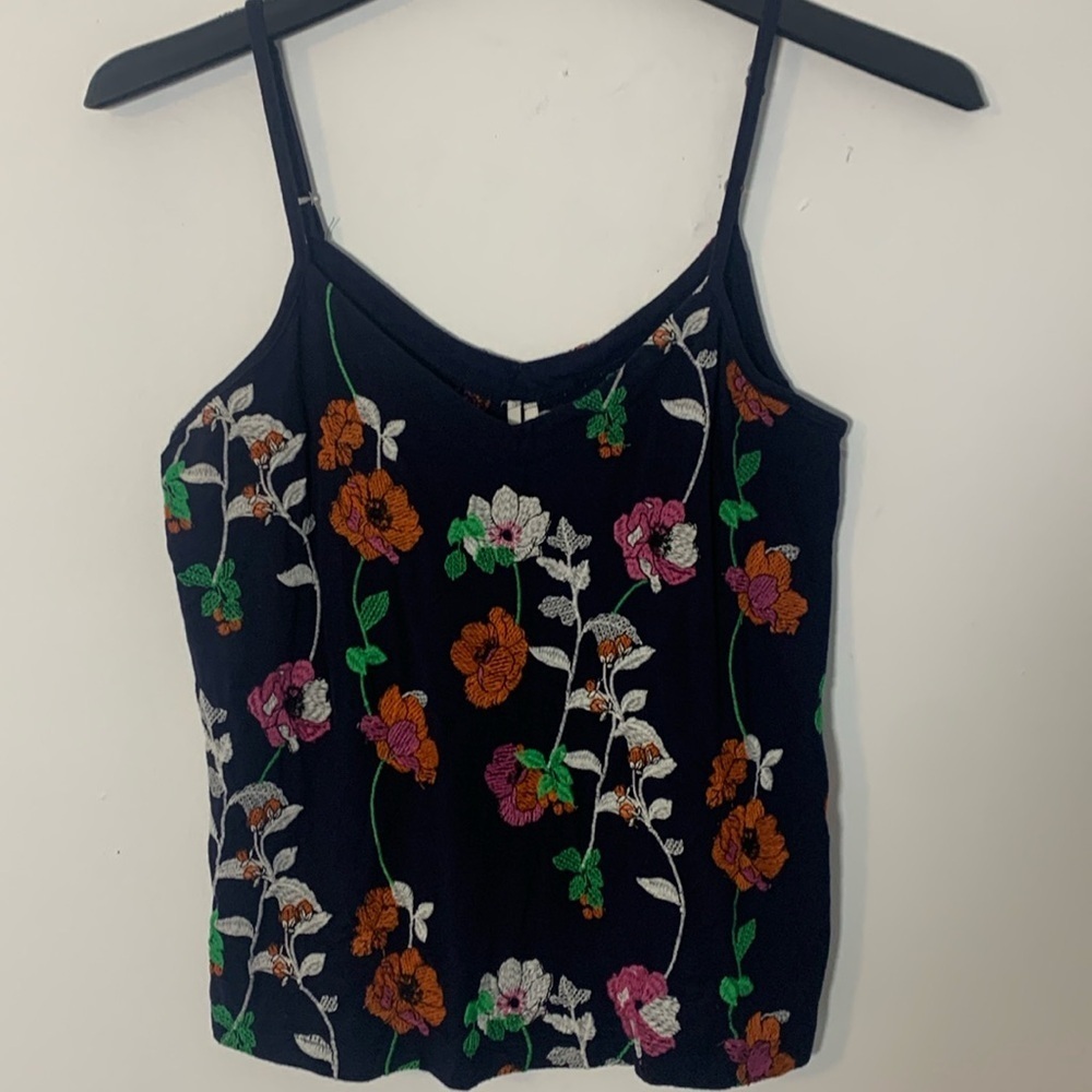 Anthropologie Navy Floral Embroidered Camisole